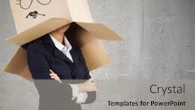  Presentation with box carton - Slide deck consisting of businesswoman in suit wearing carton box on head background and a light gray colored foreground