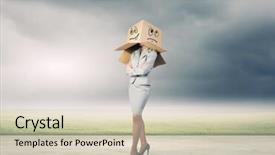  Presentation with box carton - Amazing presentation design having businesswoman in suit wearing carton box on head backdrop and a soft green colored foreground