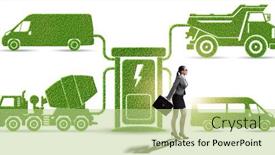  Presentation with electric vehicles - Amazing PPT theme having businesswoman-in-the-concept backdrop and a mint green colored foreground