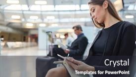  Presentation with book appointment - Cool new PPT layouts with businesswoman-in-waiting-area backdrop and a dark gray colored foreground