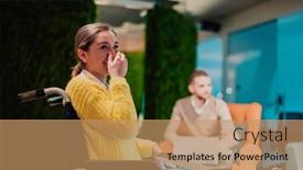 Presentation with agree - Presentation design with businesswoman-in-wheelchair-having-business background and a coral colored foreground