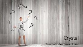  Presentation with finance question - Beautiful presentation theme featuring businesswoman juggling with question mark backdrop and a light gray colored foreground