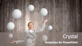  Presentation with juggling - Amazing PPT theme having young pretty businesswoman juggling with white balls backdrop and a gray colored foreground