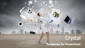  Presentation with juggling - Presentation theme having young pretty businesswoman juggling with white balls background and a gray colored foreground