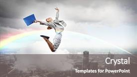 Presentation with financial - Slides consisting of businesswoman jumping high against financial background and a gray colored foreground