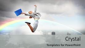  Presentation with financial - Beautiful PPT layouts featuring businesswoman jumping high against financial backdrop and a light gray colored foreground