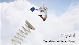 Presentation with welcome multilingual concept spanish and english - Audience pleasing PPT theme consisting of businesswoman jumping on springboard backdrop and a sky blue colored foreground