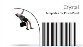  Presentation with code - Presentation having businesswoman-jumping-over-bar-code background and a white colored foreground