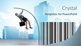  Presentation with pole - Slide set enhanced with businesswoman-jumping-over-bar-code background and a cool aqua colored foreground