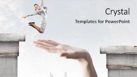  Presentation with gap - Slide set having businesswoman jumping over gap risk and challenge concept background and a light gray colored foreground