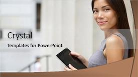  Presentation with law - Colorful PPT theme enhanced with businesswoman lawyer using tablet pc backdrop and a light gray colored foreground