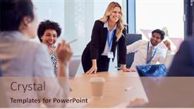  Presentation with multi cultural - Slide deck with businesswoman-leading-multi-cultural-business background and a coral colored foreground