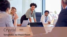  Presentation with multi cultural - PPT theme featuring businesswoman-leading-multi-cultural-business background and a coral colored foreground