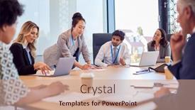  Presentation with multi cultural - Presentation theme enhanced with businesswoman-leading-multi-cultural-business background and a coral colored foreground