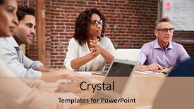  Presentation with meeting table - Beautiful presentation design featuring businesswoman leading office meeting backdrop and a coral colored foreground