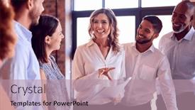  Presentation with cultural - Slides having businesswoman-leading-team-meeting background and a coral colored foreground