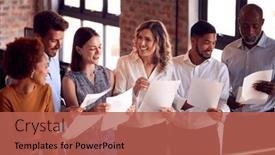  Presentation with multi cultural - PPT theme consisting of businesswoman-leading-team-meeting background and a red colored foreground