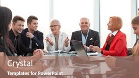  Presentation with meeting table - Slide set featuring businesswoman-leads-meeting-around-table background and a coral colored foreground