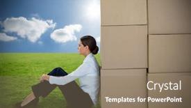 Presentation with sunshine - Audience pleasing PPT layouts consisting of businesswoman leaning on cardboard boxes against white background against cloudy sky with sunshine backdrop and a coral colored foreground