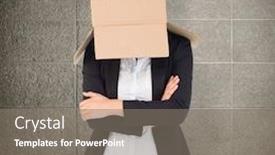  Presentation with box - Amazing PPT theme having businesswoman-lifting-box-off-head backdrop and a gray colored foreground