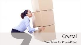  Presentation with id card - Cool new presentation design with businesswoman lifting card boxes isolated backdrop and a  colored foreground