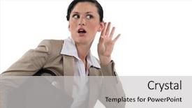  Presentation with listening - Beautiful slide set featuring defame - businesswoman listening in shock backdrop and a light gray colored foreground