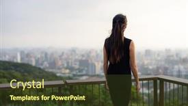  Presentation with look - Slide set enhanced with businesswoman-look-at-the-city background and a  colored foreground