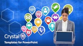  Presentation with keyhole - PPT theme with businesswoman looking at laptop in her hands against keyhole on technological glowing background background and a ocean colored foreground