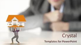  Presentation with builder - Colorful presentation theme enhanced with businesswoman looking at miniature of woman builder holding model house backdrop and a lemonade colored foreground