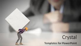  Presentation with cube - Cool new presentation with businesswoman looking at miniature of woman builder carrying white cube backdrop and a lemonade colored foreground