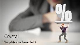  Presentation with percentage - Slide deck enhanced with businesswoman looking at miniature of builder holding percentage sign background and a light gray colored foreground