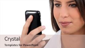  Presentation with telephone mobile - PPT layouts enhanced with sms marketing - businesswoman looking at mobile telephone background and a coral colored foreground