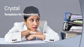  Presentation with piles - Beautiful theme featuring businesswoman looking at piles of files in an office backdrop and a gray colored foreground