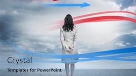  Presentation with landscape desert - PPT theme having businesswoman looking at red background and a light blue colored foreground