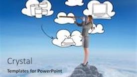  Presentation with telescope - Amazing PPT theme having businesswoman looking through a telescope against mountain peak through the clouds backdrop and a light blue colored foreground