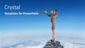  Presentation with telescope - Amazing slides having businesswoman looking through a telescope against mountain peak through the clouds backdrop and a ocean colored foreground