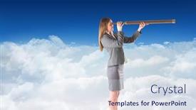  Presentation with telescope - Slide set featuring businesswoman looking through a telescope against blue sky over clouds background and a sky blue colored foreground