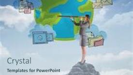  Presentation with telescope - Presentation theme enhanced with businesswoman looking through a telescope against mountain peak through the clouds background and a lemonade colored foreground