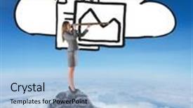  Presentation with telescope - Colorful PPT theme enhanced with businesswoman looking through a telescope against mountain peak through the clouds backdrop and a light blue colored foreground