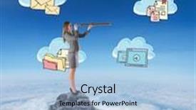  Presentation with telescope - Beautiful presentation theme featuring businesswoman looking through a telescope against mountain peak through the clouds backdrop and a light blue colored foreground