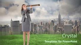  Presentation with telescope - PPT theme enhanced with businesswoman looking through a telescope against cloudy sky over city background and a tawny brown colored foreground