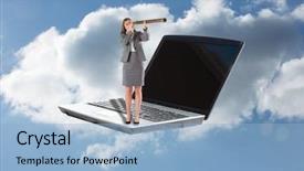  Presentation with telescope - Slide deck enhanced with businesswoman looking through a telescope against cloudy sky background and a light blue colored foreground