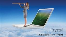  Presentation with telescope - Audience pleasing PPT layouts consisting of businesswoman looking through a telescope against blue sky over clouds at high altitude backdrop and a light blue colored foreground