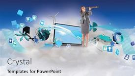  Presentation with telescope - Slide set enhanced with businesswoman looking through a telescope against bright blue sky over clouds background and a light gray colored foreground