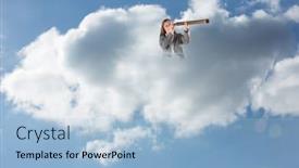  Presentation with telescope - Presentation design with businesswoman looking through a telescope against cloudy sky background and a light blue colored foreground