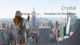  Presentation with telescope - Colorful PPT theme enhanced with businesswoman looking through a telescope against city skyline backdrop and a sky blue colored foreground