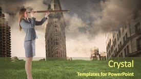  Presentation with telescope - PPT theme having businesswoman looking through a telescope against stormy sky over city background and a tawny brown colored foreground