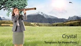  Presentation with telescope - Presentation theme featuring businesswoman looking through a telescope against scenic backdrop background and a yellow colored foreground