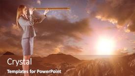  Presentation with telescope - Colorful slides enhanced with businesswoman looking through a telescope against clouds backdrop and a tawny brown colored foreground