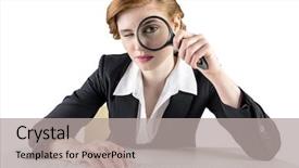  Presentation with looking glass - PPT theme with businesswoman looking through magnifying glass background and a  colored foreground